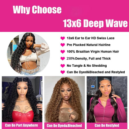 250% Density Brazilian Real Human Hair Ear To Ear 13x6 HD Lace Front Wig Deep Kinky Curly Wave Wigs With Pre-Plucked Baby Hair