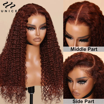 UNice Hair Reddish Brown Curly Wig With Invisi Drawstring 7x5 Lace Pre Cut Pre Bleached Glueless Wig Human Hair 150% Density
