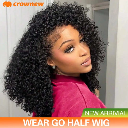 Deep Curly human Hair Wig 3 IN 1 Half Wigs Kinky Curly Human Hair Wig Glueless Wigs With Drawstring Seamless 250% Human Hair Wig