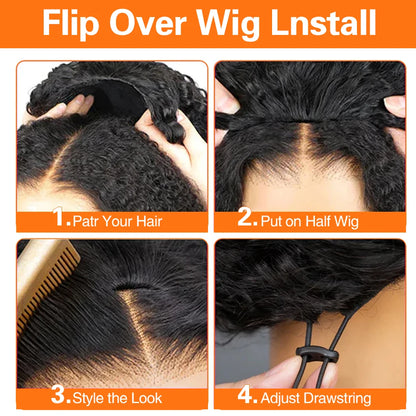 Deep Curly human Hair Wig 3 IN 1 Half Wigs Kinky Curly Human Hair Wig Glueless Wigs With Drawstring Seamless 250% Human Hair Wig