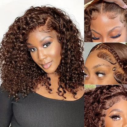 13x4 Short Brown Deep Wave Bob Wigs Human Hair Water Wave Chocolate Brown Deep Wave Wigs Water Wave Lace Frontal Human Hair Wigs