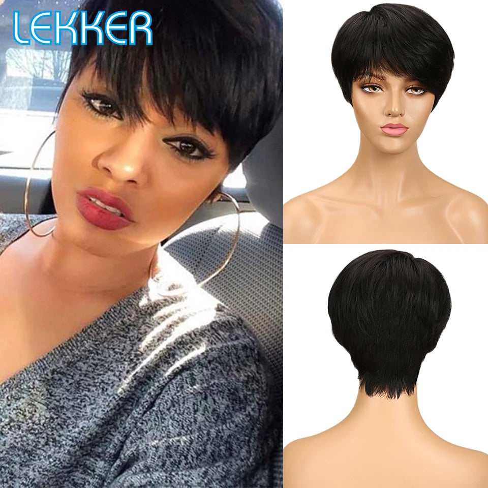 Lekker Colored Short Pixie Cut Straight Bob 100% Human Hair Wigs With Bangs For Women Brazilian Remy Hair Burgundy Red Clearance