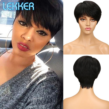 Lekker Colored Short Pixie Cut Straight Bob 100% Human Hair Wigs With Bangs For Women Brazilian Remy Hair Burgundy Red Clearance