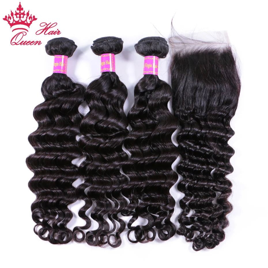 Queen Hair Products Brazilian Natural Wave More Wave Bundles With Closure 100% Virgin Human Raw Hair Bundles With Lace Closure