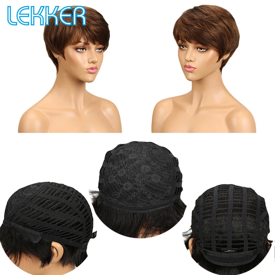 Lekker Colored Short Pixie Cut Straight Bob 100% Human Hair Wigs With Bangs For Women Brazilian Remy Hair Burgundy Red Clearance