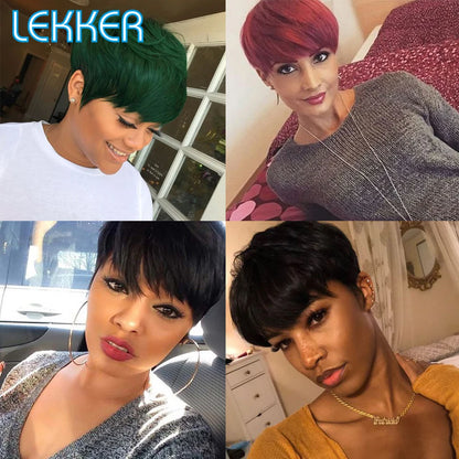 Lekker Colored Short Pixie Cut Straight Bob 100% Human Hair Wigs With Bangs For Women Brazilian Remy Hair Burgundy Red Clearance