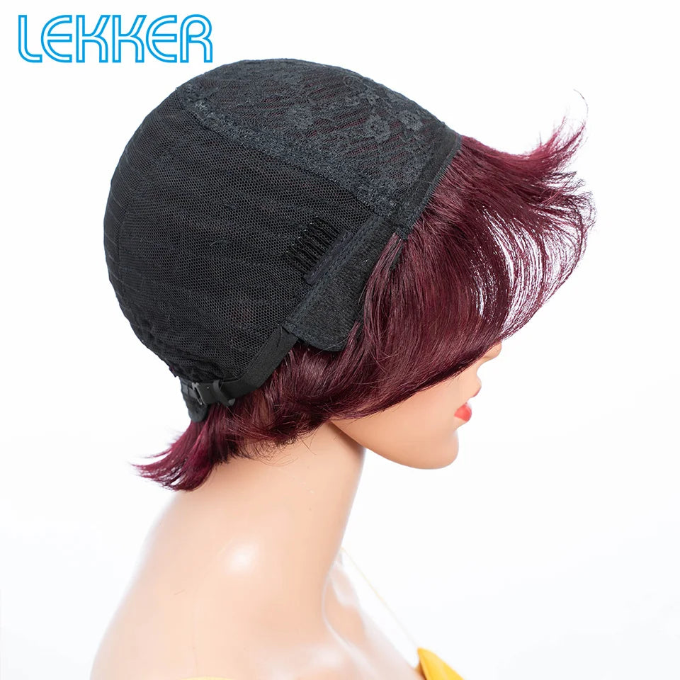 Lekker Colored Short Pixie Cut Straight Bob 100% Human Hair Wigs With Bangs For Women Brazilian Remy Hair Burgundy Red Clearance