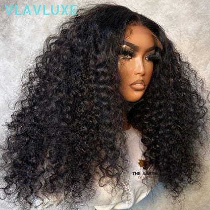 Glueless Curly Deep Wave Human Hair Wigs 13×6 HD Transparent Lace Frontal Wigs 250% Density 36 Inches Natural Black Colored Wigs