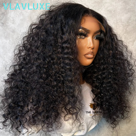 Glueless Curly Deep Wave Human Hair Wigs 13×6 HD Transparent Lace Frontal Wigs 250% Density 36 Inches Natural Black Colored Wigs