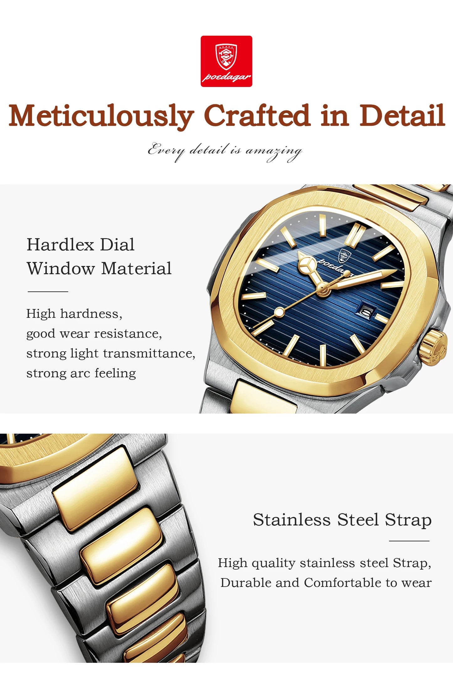 POEDAGAR Luxury Square Watch for Woman Waterproof Luminous