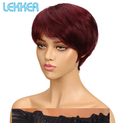 Lekker Colored Short Pixie Cut Straight Bob 100% Human Hair Wigs With Bangs For Women Brazilian Remy Hair Burgundy Red Clearance