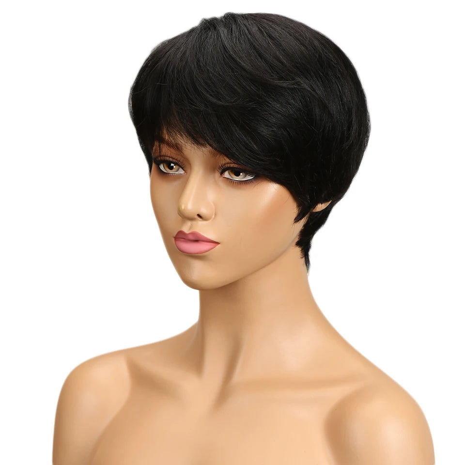 Lekker Colored Short Pixie Cut Straight Bob 100% Human Hair Wigs With Bangs For Women Brazilian Remy Hair Burgundy Red Clearance