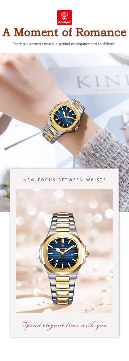 POEDAGAR Luxury Square Watch for Woman Waterproof Luminous
