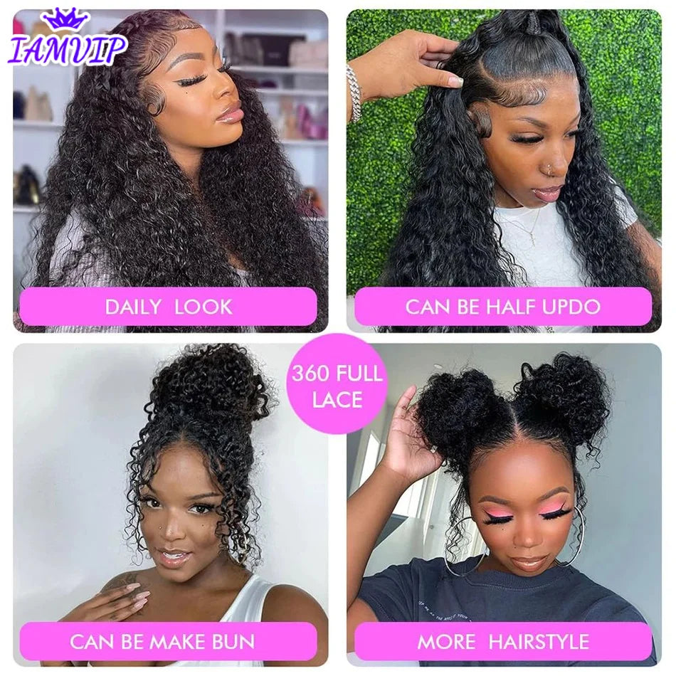 250 Density HD Invisi Strap 360 Full Lace Frontal Kinky Curly Wig 30 inch Black Human Hair Drawstring Snug Water Wig Glueless