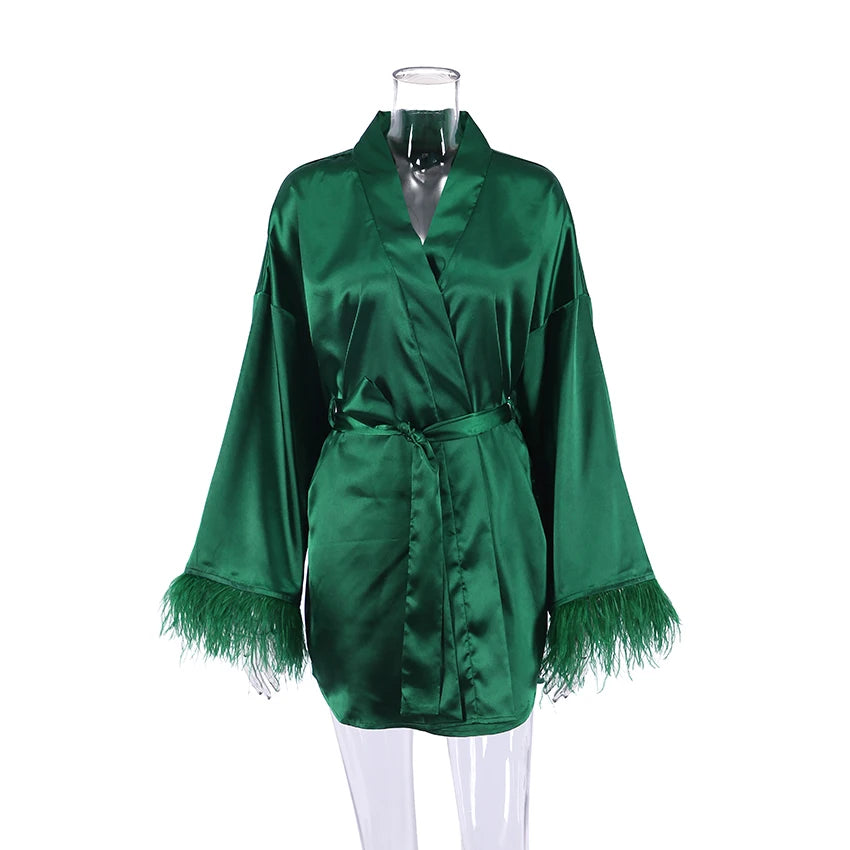 Feather Bathrobes Satin Sexy Mini Dress Long Sleeve
