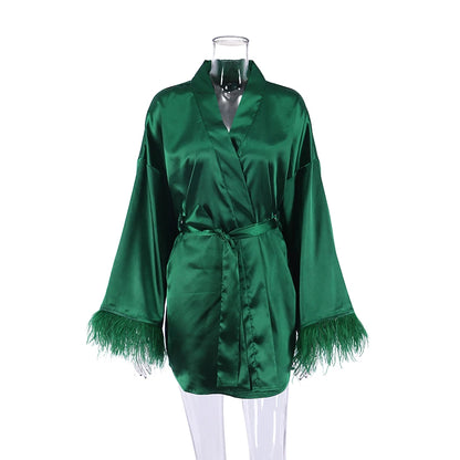 Feather Bathrobes Satin Sexy Mini Dress Long Sleeve
