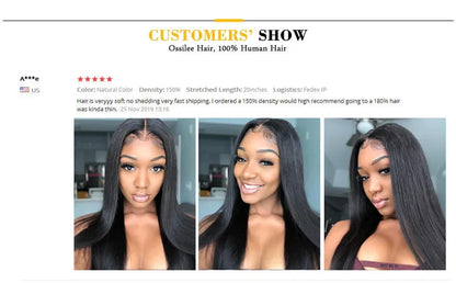 Ossilee 220 Density Pull Go Glueless Wigs with Elastic Drawstring Straight 13x6 HD Lace Front Human Hair Wigs Pre Cut Lace Wig