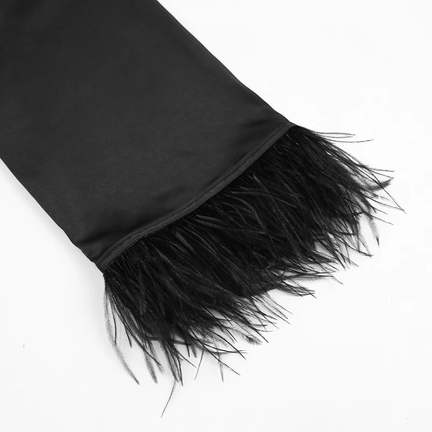 Feather Bathrobes Satin Sexy Mini Dress Long Sleeve