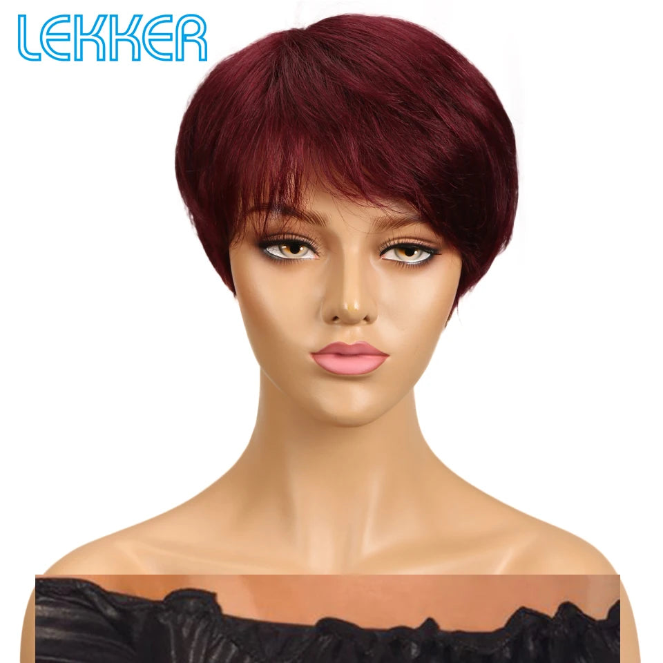 Lekker Colored Short Pixie Cut Straight Bob 100% Human Hair Wigs With Bangs For Women Brazilian Remy Hair Burgundy Red Clearance