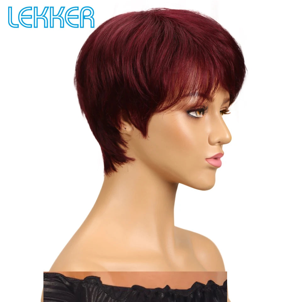 Lekker Colored Short Pixie Cut Straight Bob 100% Human Hair Wigs With Bangs For Women Brazilian Remy Hair Burgundy Red Clearance