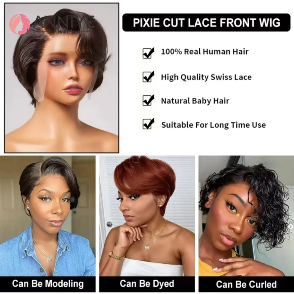 180% Pixie Cut Short Bob Wig Bone Straight Brazilian Hair Pixie Cut Wig Side Part 13x4 Hd Transparent Lace Front Human Hair Wigs