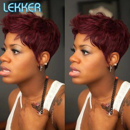 Lekker Colored Short Pixie Cut Straight Bob 100% Human Hair Wigs With Bangs For Women Brazilian Remy Hair Burgundy Red Clearance