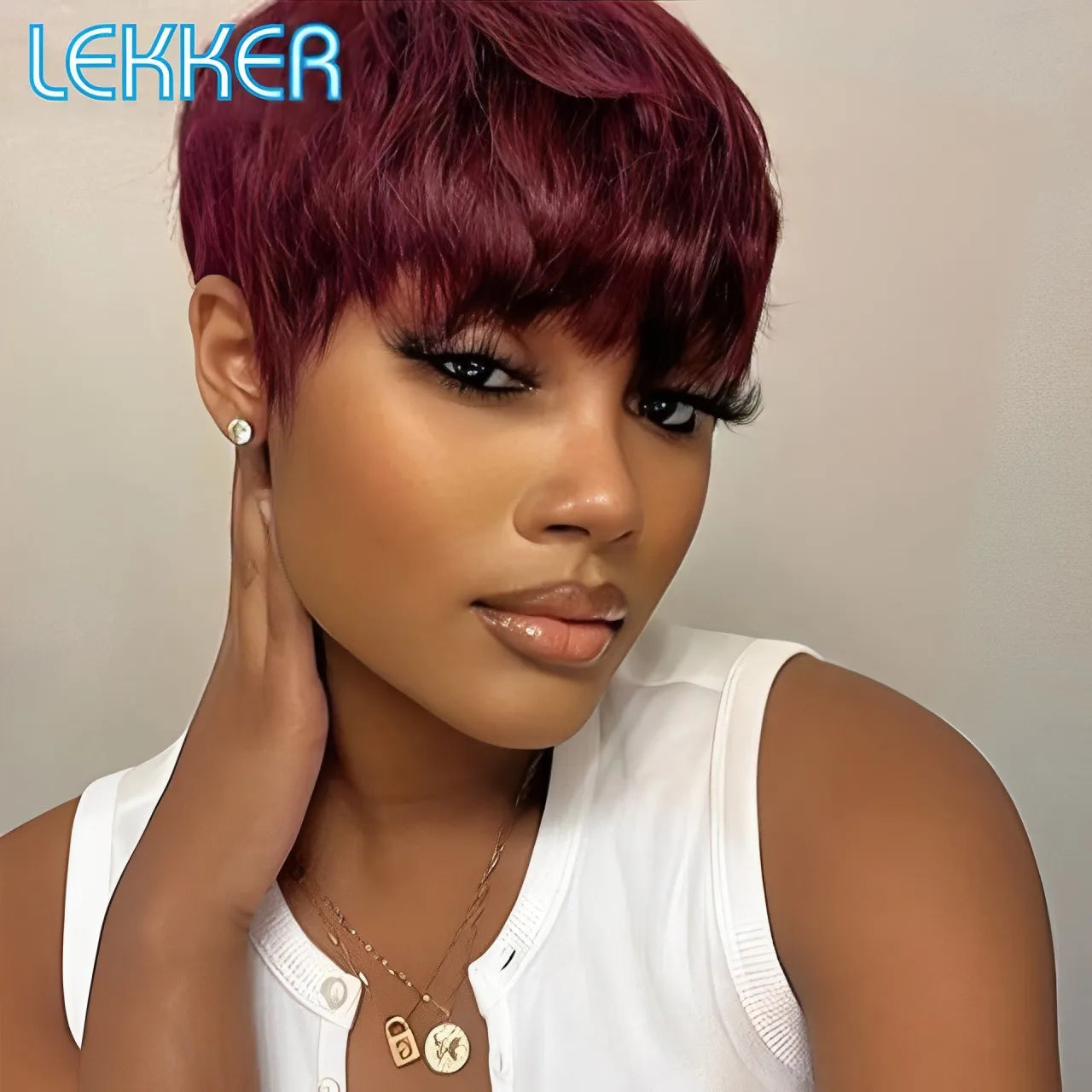 Lekker Colored Short Pixie Cut Straight Bob 100% Human Hair Wigs With Bangs For Women Brazilian Remy Hair Burgundy Red Clearance