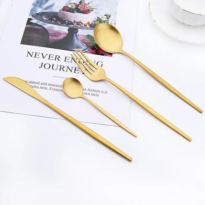 16Pcs Gold Matte Cutlery Set Knife Fork Spoons Dinnerware Set Stainless Steel Tableware