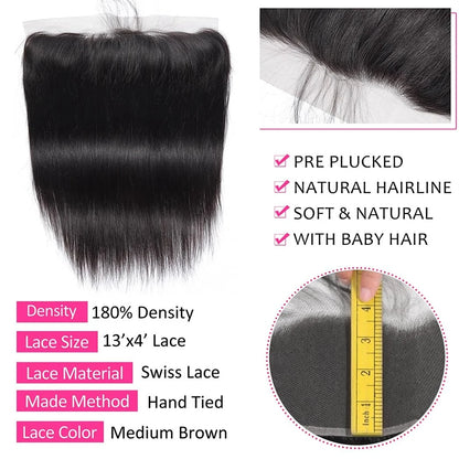 Brazilian Bone Straight Hair Bundles With Frontal Closure 100% Human Hair 3 Bundles With 13X4 Transparent Ear To Ear Lace Front