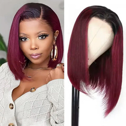 Burgundy Red Straight Bob T Part Lace Front Human Hair Wig