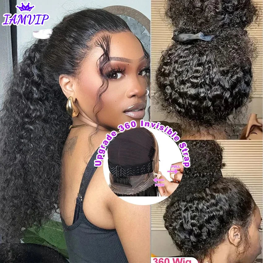 250 Density HD Invisi Strap 360 Full Lace Frontal Kinky Curly Wig 30 inch Black Human Hair Drawstring Snug Water Wig Glueless