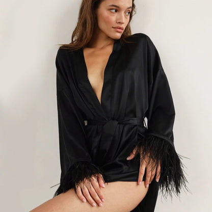 Feather Bathrobes Satin Sexy Mini Dress Long Sleeve