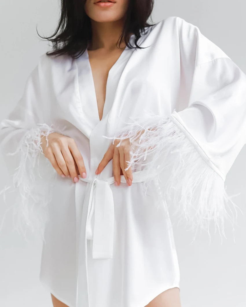 Feather Bathrobes Satin Sexy Mini Dress Long Sleeve