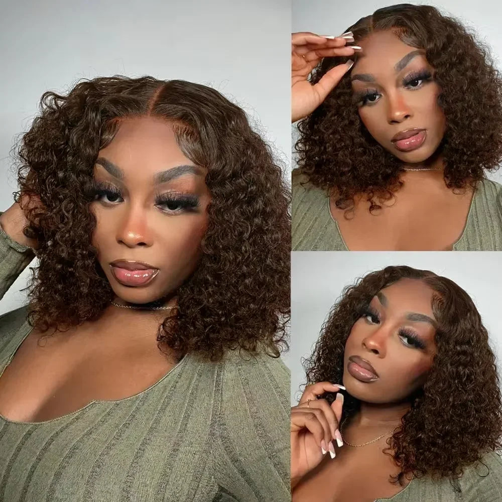 13x4 Lace Front Wigs Brazilian Dark Brown Curly Bob Wig Short Deep Wave Human Hair