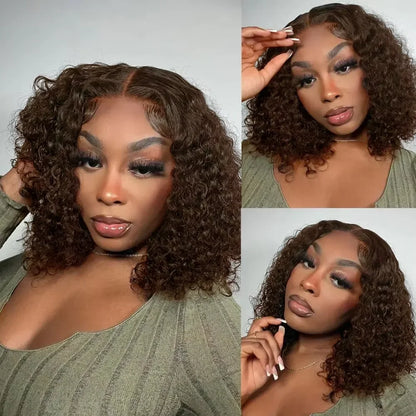 13x4 Lace Front Wigs Brazilian Dark Brown Curly Bob Wig Short Deep Wave Human Hair