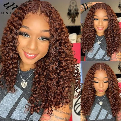 UNice Hair Reddish Brown Curly Wig With Invisi Drawstring 7x5 Lace Pre Cut Pre Bleached Glueless Wig Human Hair 150% Density