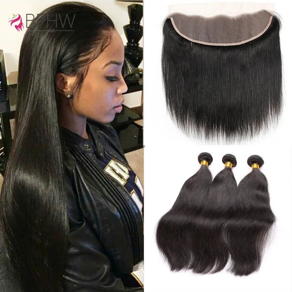 Straight Human Hair Bundles With Frontal Indian Hair Weave 3 Bundles With Lace Closure Wavy Human Hair Extensions Natural Color