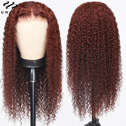 UNice Hair Reddish Brown Curly Wig With Invisi Drawstring 7x5 Lace Pre Cut Pre Bleached Glueless Wig Human Hair 150% Density