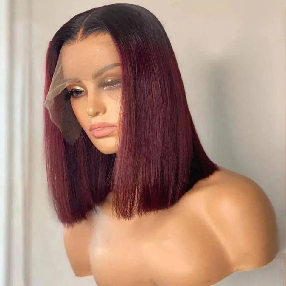 Burgundy Red Straight Bob T Part Lace Front Human Hair Wig