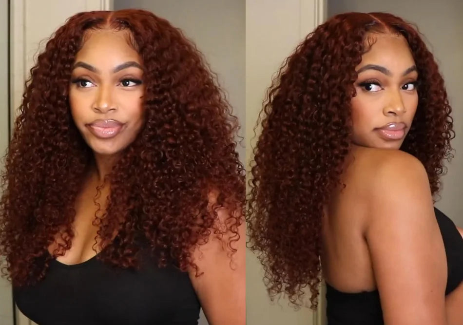 UNice Hair Reddish Brown Curly Wig With Invisi Drawstring 7x5 Lace Pre Cut Pre Bleached Glueless Wig Human Hair 150% Density