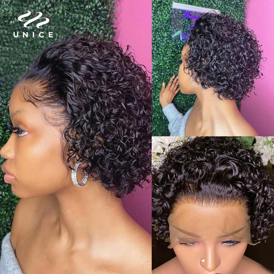 13x1 Lace Pixie Cut Wig 100% Human Hair Short Curly Wigs for Women Wavy Afro Wigs