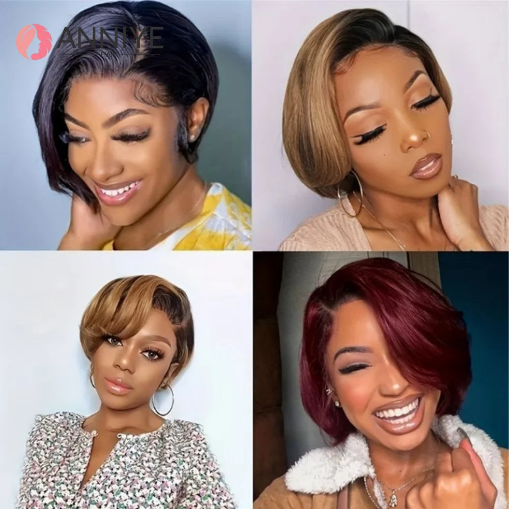 180% Pixie Cut Short Bob Wig Bone Straight Brazilian Hair Pixie Cut Wig Side Part 13x4 Hd Transparent Lace Front Human Hair Wigs