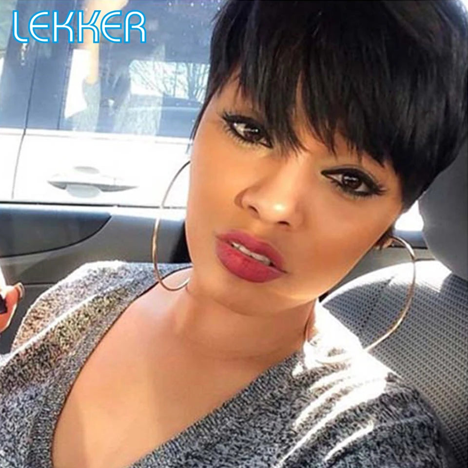 Lekker Colored Short Pixie Cut Straight Bob 100% Human Hair Wigs With Bangs For Women Brazilian Remy Hair Burgundy Red Clearance