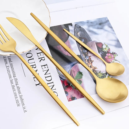 16Pcs Gold Matte Cutlery Set Knife Fork Spoons Dinnerware Set Stainless Steel Tableware