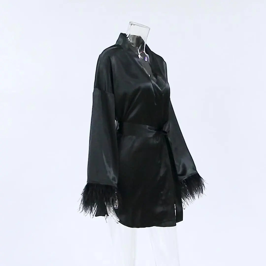 Feather Bathrobes Satin Sexy Mini Dress Long Sleeve
