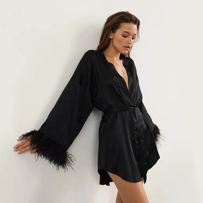 Feather Bathrobes Satin Sexy Mini Dress Long Sleeve