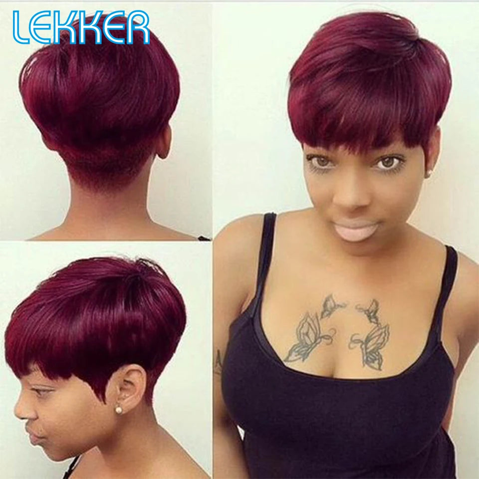 Lekker Colored Short Pixie Cut Straight Bob 100% Human Hair Wigs With Bangs For Women Brazilian Remy Hair Burgundy Red Clearance