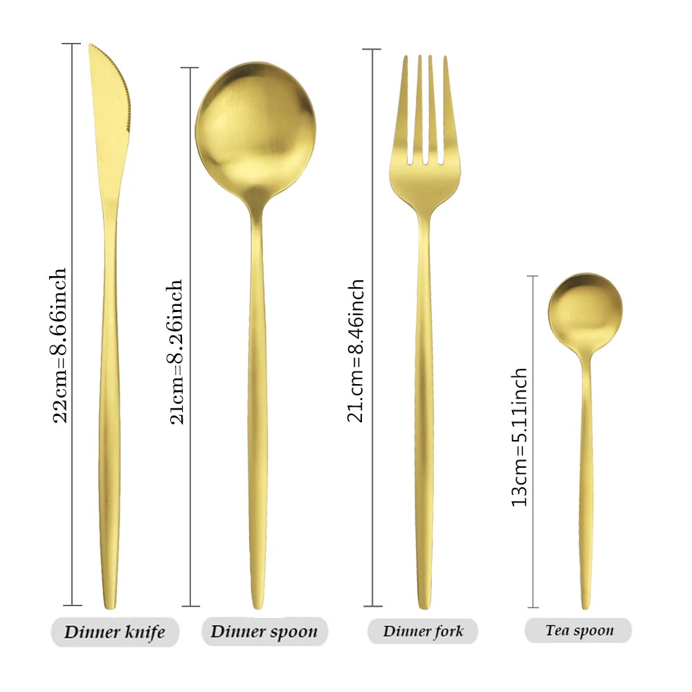 16Pcs Gold Matte Cutlery Set Knife Fork Spoons Dinnerware Set Stainless Steel Tableware
