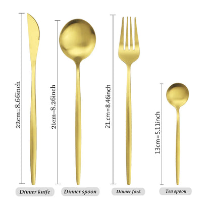 16Pcs Gold Matte Cutlery Set Knife Fork Spoons Dinnerware Set Stainless Steel Tableware