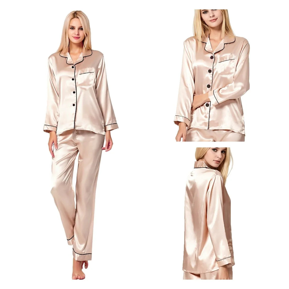 Womens Silk Satin Pajamas Loungewear Two-piece Sleepwear